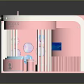 Pink Interior Display Model With Curved Counter And White Decorative Shelves