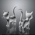 Two White Cat Figurines Standing Side By Side On Dark Surface With Reflections 3d model
