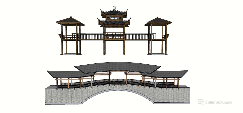Traditional Chinese Bridge With Pavilion Corridor Stone Base And Wooden Roofs 3d model 