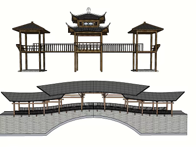 Traditional Chinese Bridge With Pavilion Corridor Stone Base And Wooden Roofs 3d model
