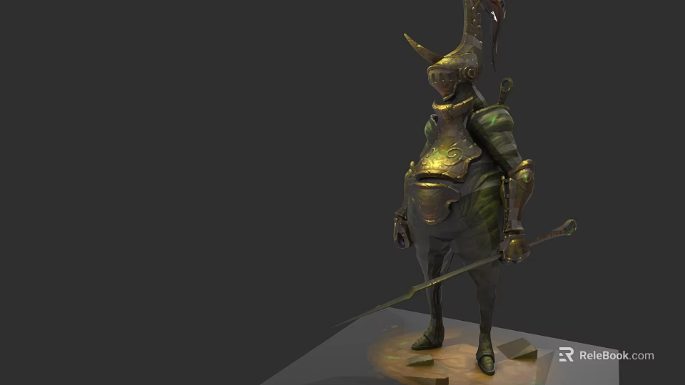 Game Movie Character In Golden Green Armor With Horned Helmet And Spear 3d model 