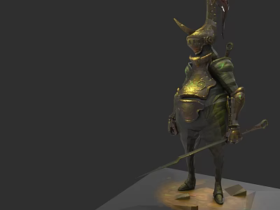 Game Movie Character In Golden Green Armor With Horned Helmet And Spear 3d model