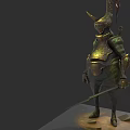Game Movie Character In Golden Green Armor With Horned Helmet And Spear