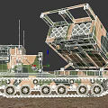 Military Camouflage Tank With Tracked Wheels And Rocket Launcher System In Desert Terrain