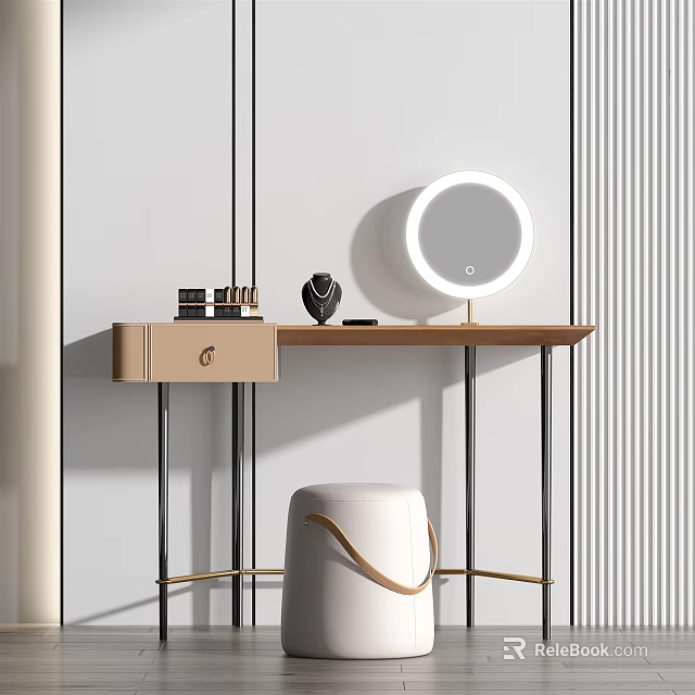 Modern Dressing Table With Round Mirror Wooden Top And Stool Design 3d model