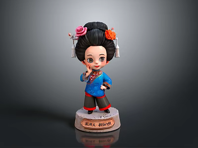 Traditional Chinese Opera Doll With Classical Blue Costume And Floral Hair Ornaments 3d model