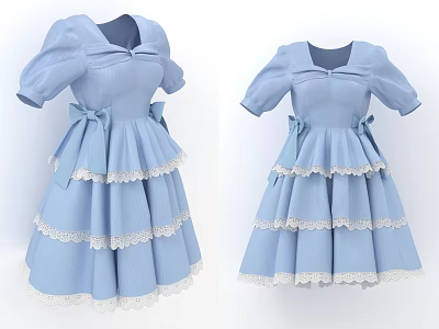 Blue Dress With Puffed Sleeves Layered Skirt Lace Trim And Bow Accent 3d model
