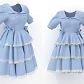 Blue Dress With Puffed Sleeves Layered Skirt Lace Trim And Bow Accent