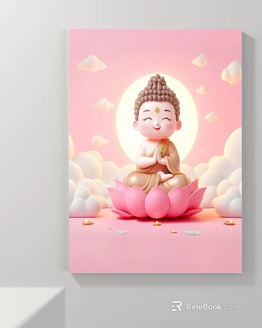 Abstract Painting Featuring Buddha Figure On Pink Lotus With Soft Clouds Pink Background Gold Accents 3d model 