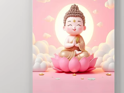 Abstract Painting Featuring Buddha Figure On Pink Lotus With Soft Clouds Pink Background Gold Accents 3d model