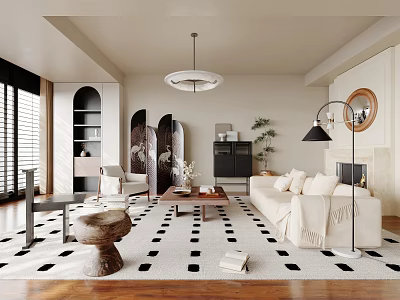 Minimalist Living Room Interior Design With White Sofa Black And White Carpet Pendant Light Coffee Table And Plants 3d model