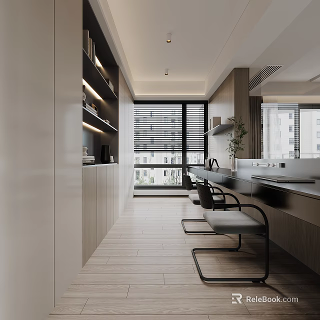 Modern Study Room Interior Featuring Desks Chairs And Large Windows 3d model