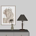 Pleated Lampshade Wooden Table Lamp With Round Base Vase And Artwork In Interior