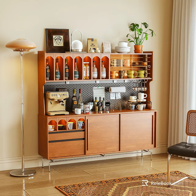 Modern Wooden Sideboard With Coffee Machine Bottles Cups And Potted Plant In Stylish Interior Space 3d model 