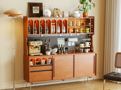 Modern Wooden Sideboard With Coffee Machine Bottles Cups And Potted Plant In Stylish Interior Space 3d model