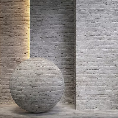 Brick Background Wall With Warm Lighting Light Brown Gray White Bricks And Round Sphere Decoration 3d model