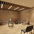 Wooden Interior Music Rehearsal Room With Drum Set Chairs And Guitars