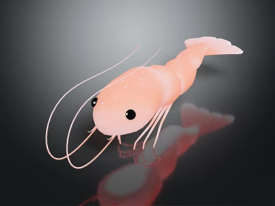 Pink Aquatic Shrimp with Long Antennae on Black Background and Clear Reflection 3d model