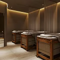 Serene Massage Room with Wooden Framed Beds White Towels Beige Walls and Soft Lighting