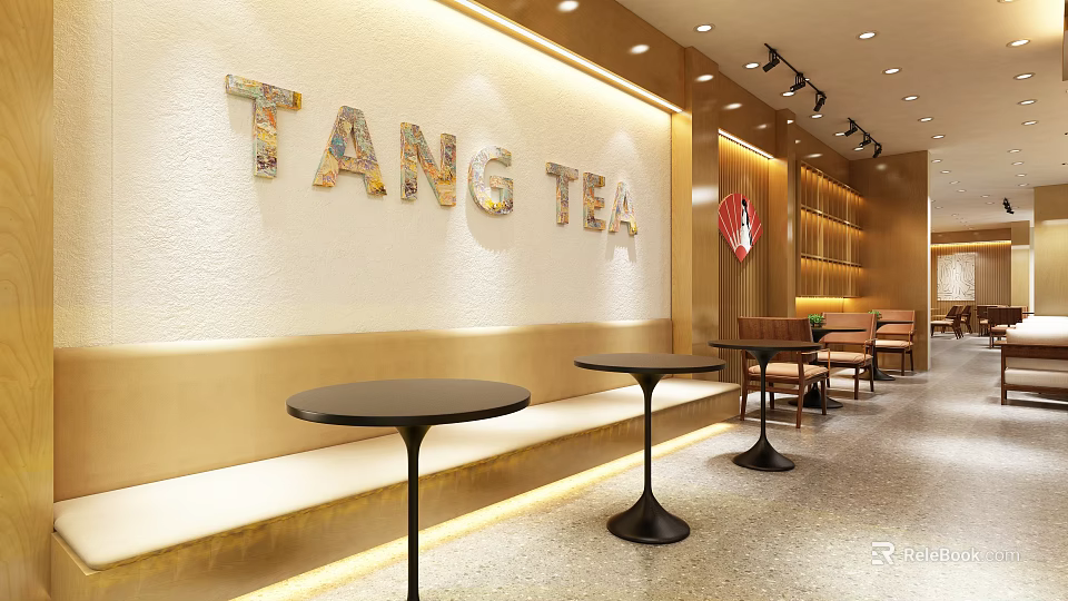 Modern TANG TEA Bubble Tea Shop Interior With Decorative Wall Round Tables And Bench Seating 3d model 