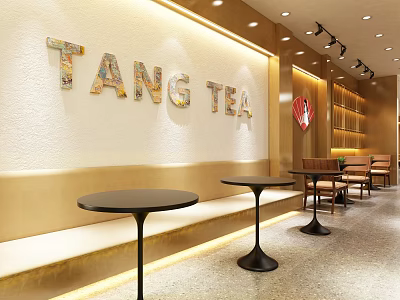 Modern TANG TEA Bubble Tea Shop Interior With Decorative Wall Round Tables And Bench Seating 3d model