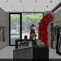 Clothing Store Interior with Hanging Clothes Display Counter Bags and Flower Bouquet Mirror Bright Design