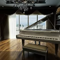 Luxurious Piano Room With White Grand Piano Upholstered Bench Large Windows And City View