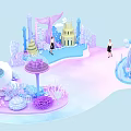 Colorful Cartoon Style Fantasy Island Scene With Various Structures And Figures