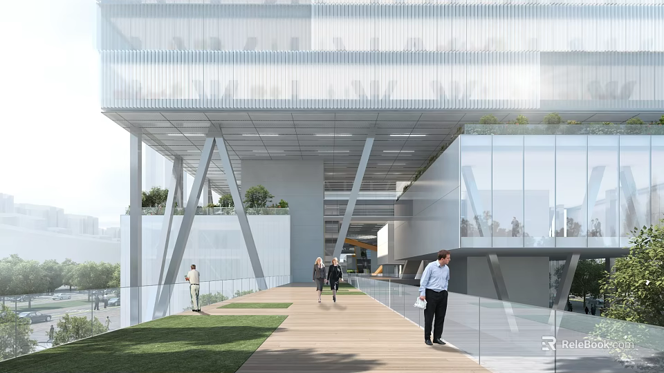 Modern Office Building With Glass Curtain Walls White Frame Structure Pedestrians Greenery And Wooden Walkway 3d model 