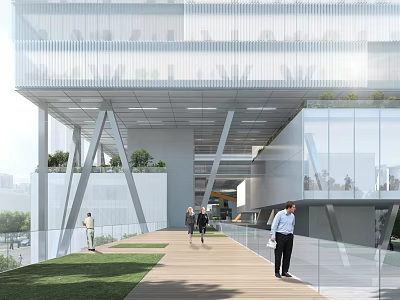 Modern Office Building With Glass Curtain Walls White Frame Structure Pedestrians Greenery And Wooden Walkway 3d model