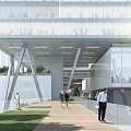 Modern Office Building With Glass Curtain Walls White Frame Structure Pedestrians Greenery And Wooden Walkway