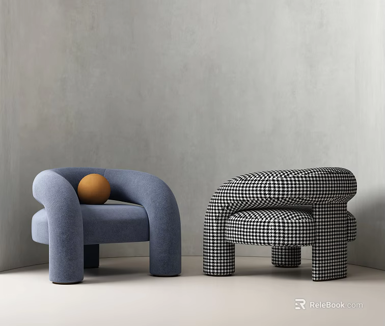 Blue Armchair With Orange Ball And Black White Houndstooth Armchair Against Gray Wall Light Floor 3d model 