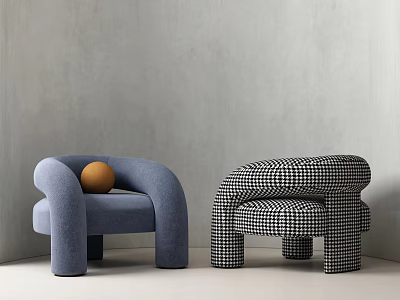 Blue Armchair With Orange Ball And Black White Houndstooth Armchair Against Gray Wall Light Floor 3d model
