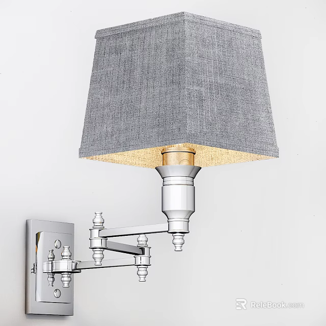 Modern Wall Lamp With Gray Fabric Lampshade Silver Metal Bracket On White Wall 3d model 