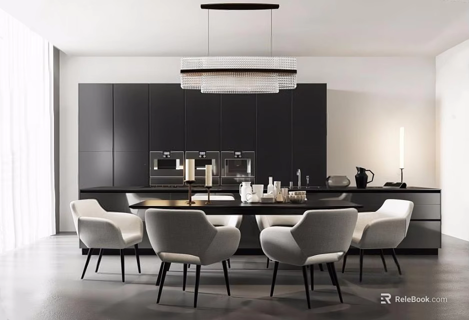 Modern Dining Table Set With White Chairs And Black Kitchen Cabinets 3d model 