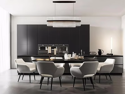 Modern Dining Table Set With White Chairs And Black Kitchen Cabinets 3d model