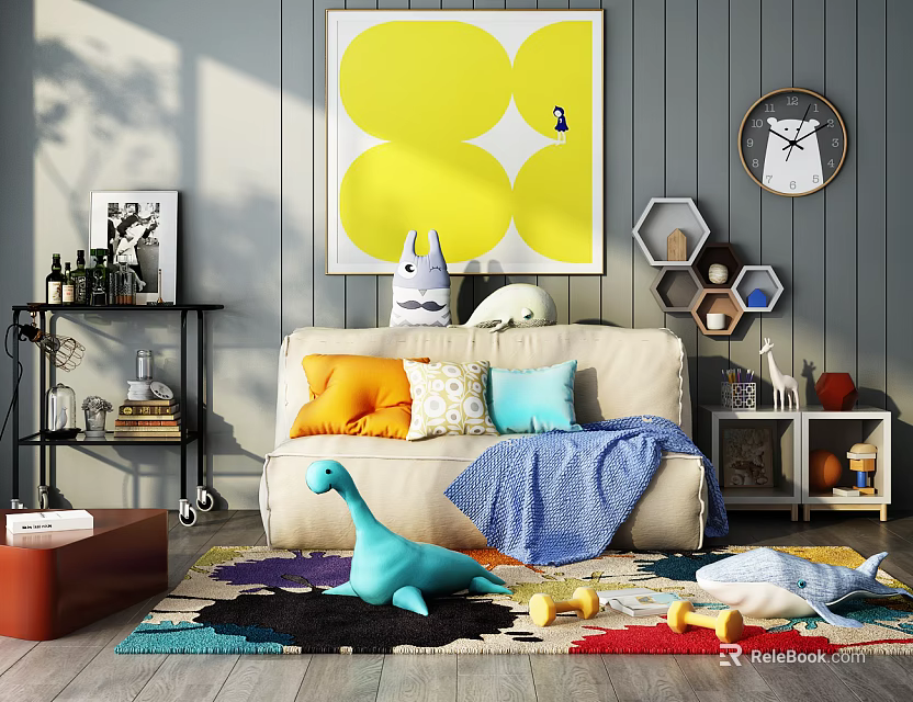 Cozy Two Seater Sofa With Colorful Pillows Blue Blanket And Playful Toys On Colorful Rug 3d model 