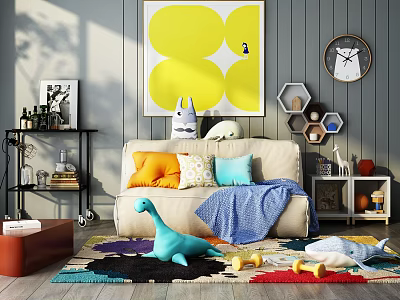 Cozy Two Seater Sofa With Colorful Pillows Blue Blanket And Playful Toys On Colorful Rug 3d model