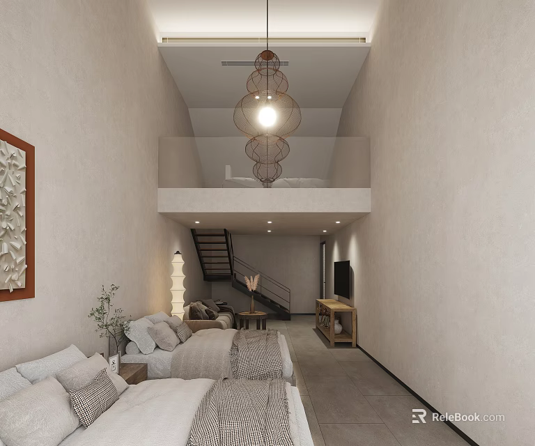 Modern Loft Hotel Room Interior With Double Beds Hanging Lamp And Decorative Painting 3d model 