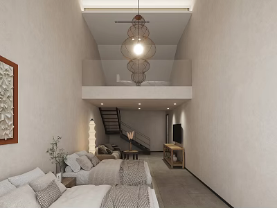 Modern Loft Hotel Room Interior With Double Beds Hanging Lamp And Decorative Painting 3d model