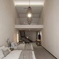 Modern Loft Hotel Room Interior With Double Beds Hanging Lamp And Decorative Painting