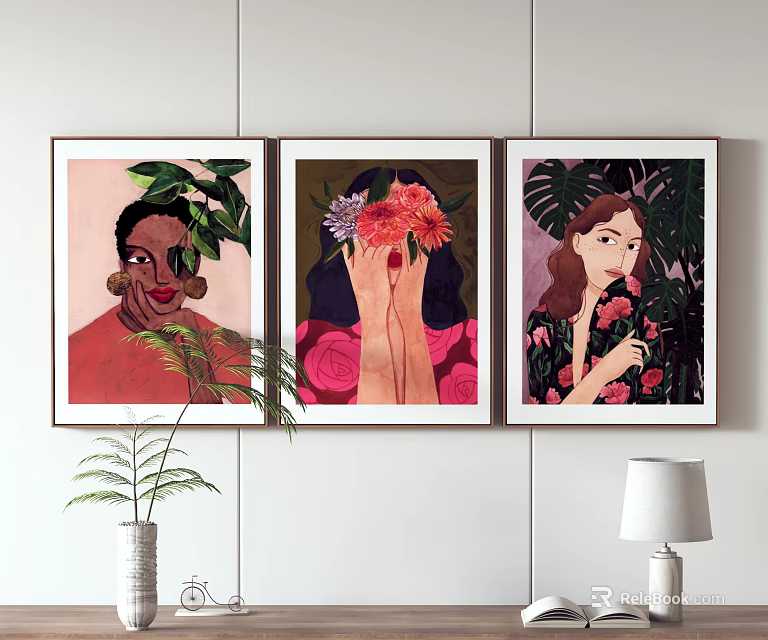 Three Portrait Paintings Featuring Women With Flowers And Green Leaves For Home Wall Decor 3d model 