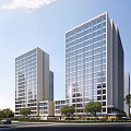 Urban Landscape Design with Modern High Rise Buildings and Green Trees Along Road