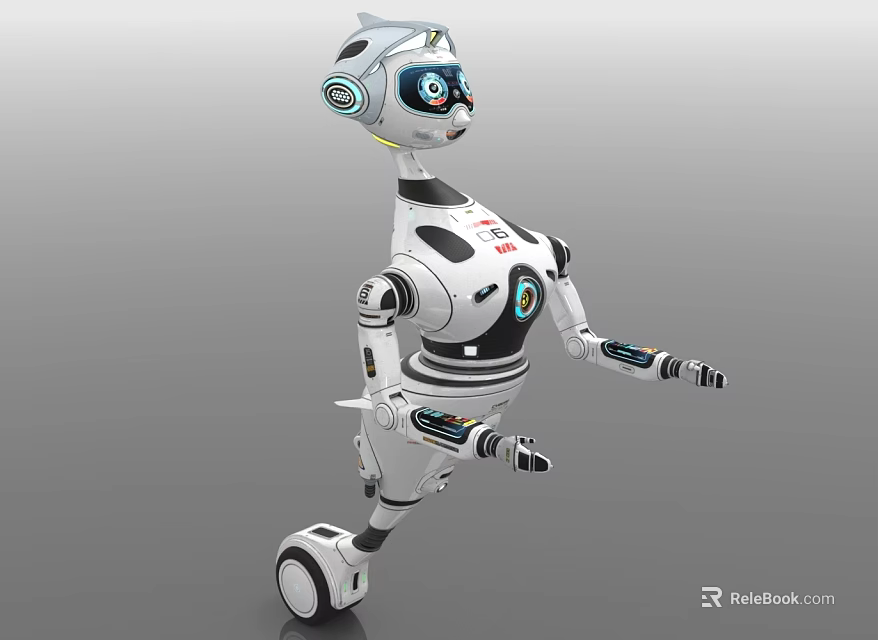 Standing Smart Robot With White Body Blue Eyes And Mechanical Wheel Base Design 3d model 