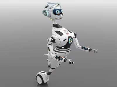 Standing Smart Robot With White Body Blue Eyes And Mechanical Wheel Base Design 3d model
