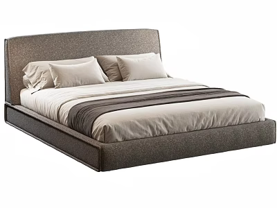 Modern Upholstered Double Bed With Headboard Pillows And Striped Bed Linens 3d model