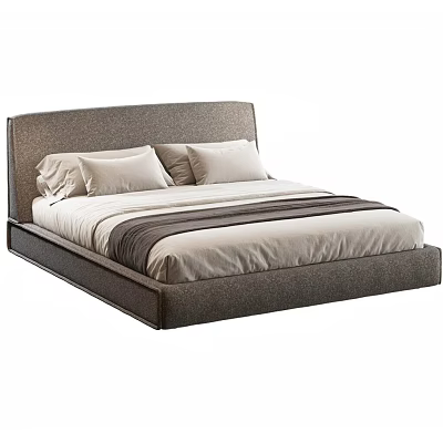 Modern Upholstered Double Bed With Headboard Pillows And Striped Bed Linens 3d model