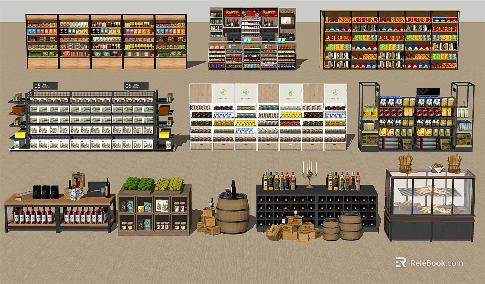Organized Multi tier Retail Display Shelves With Food Beverages Fruits And Wine In Store 3d model 