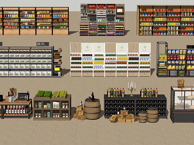 Organized Multi tier Retail Display Shelves With Food Beverages Fruits And Wine In Store 3d model