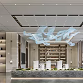 Modern Luxury Real Estate Sales Office Interior With Artistic Floating Chandelier And Project Sand Table